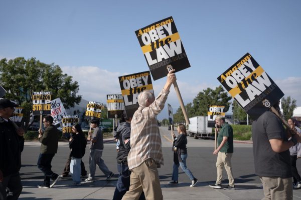 Strike outside ONT1 in California. Stationary picket lines are prohibited, the workers are walking back and forth in front of the warehouse entrance. On that day, deliveries were halted for 6 hours.