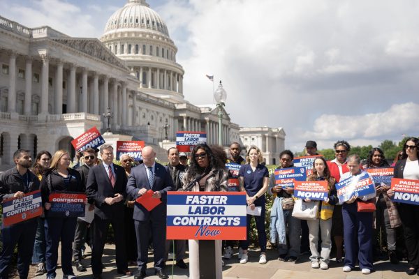Teamster press conference in front of the Capitol to demand labor contracts that better protect workers. Currently, any employee can be fired overnight.